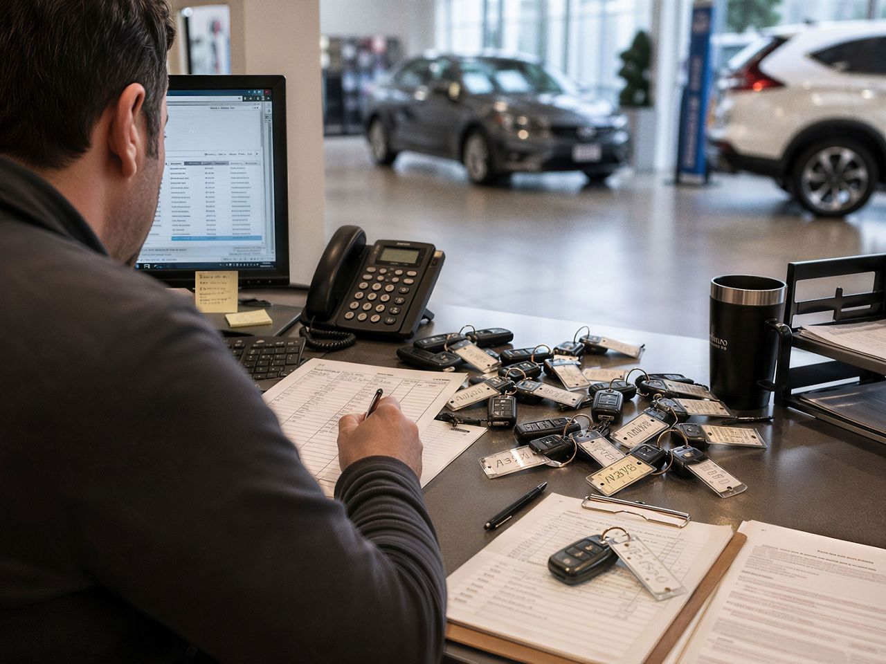 Man at desk performing an audit and surrounded by piled up keys