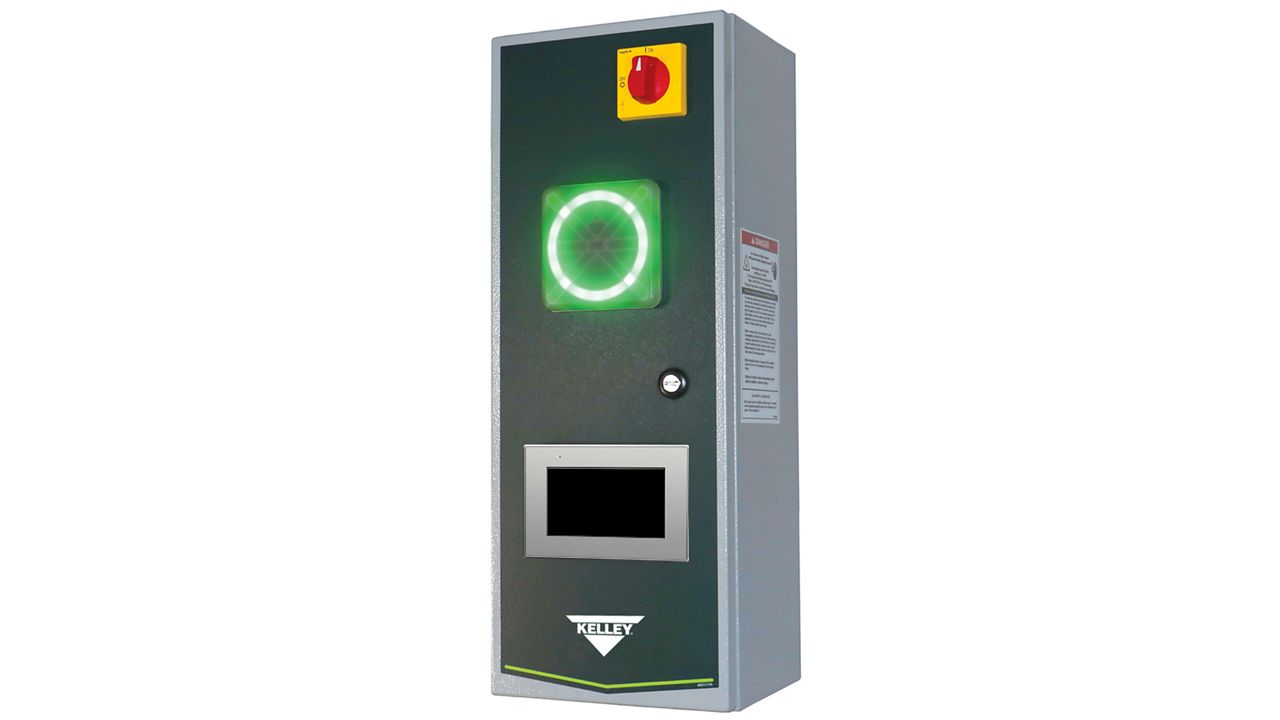 Side image of a gray panel with a circle shaped green glowing light
