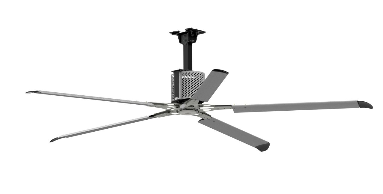 A silver fan with 5 blades that have curved, black edges