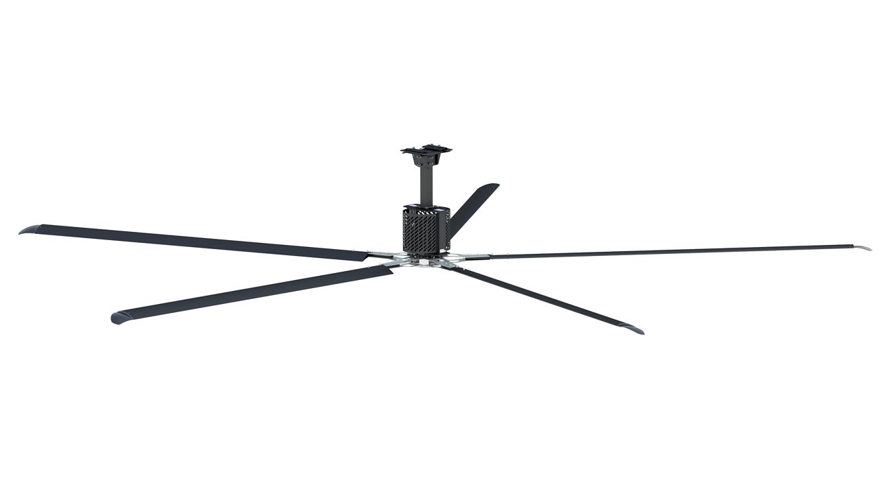 Above view of a silver fan with 5 blades that have curved, black edges