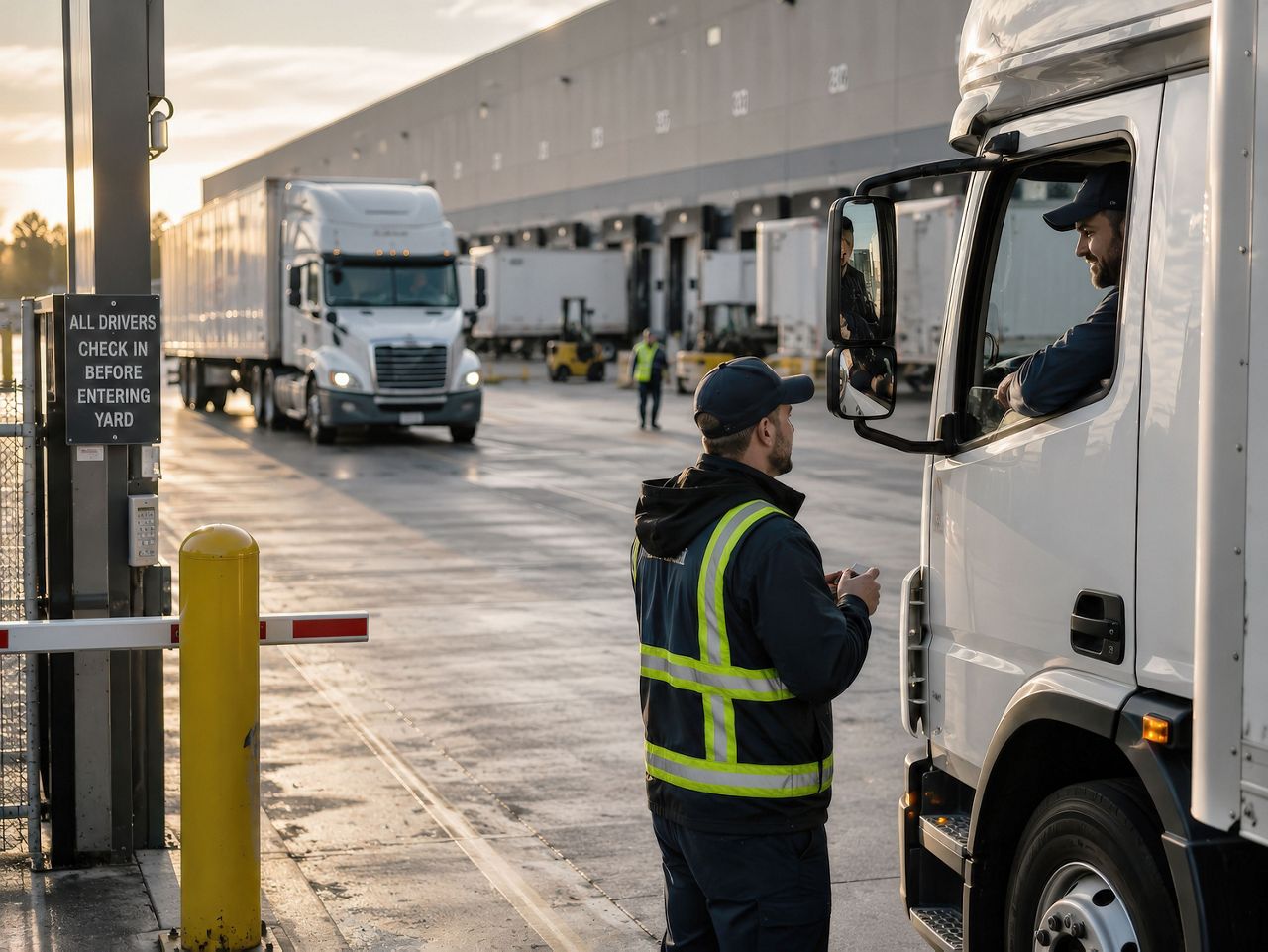 Truck driver checking in at a distribution hub