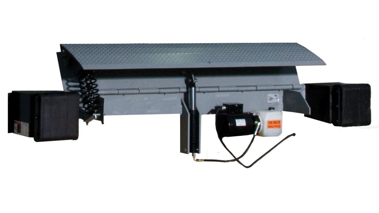 Push-button hydraulic-powered edge of dock leveler.