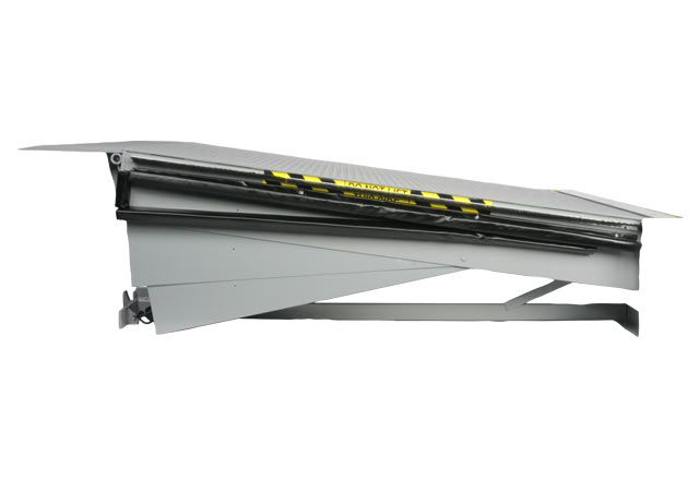 A silver energy seal for dock levelers with yellow and black stiped decal.