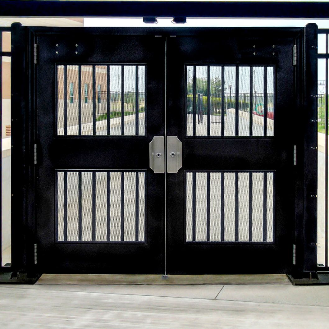 Exodus double swing gate with pickets. 