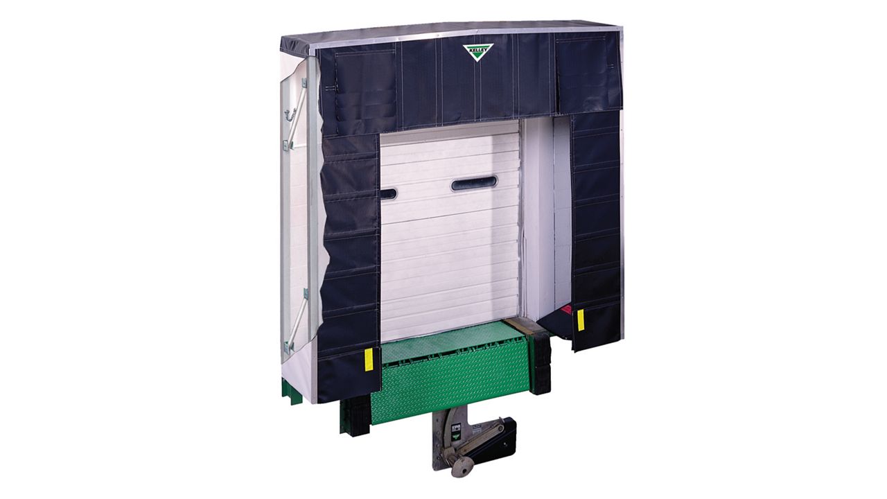 A dock shelter with a gravity-biased, flexible frame that yields to misguided vehicles, preventing costly building and shelter damage. Accommodates a wide variety of vehicle sizes and types while providing full trailer access during the loading process.