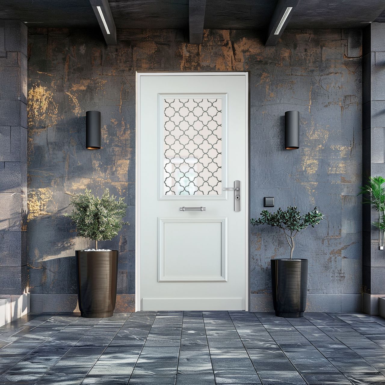 Porte blindée Fichet de maison modèle Forstyl+ S blanche avec vitrage vue interieure