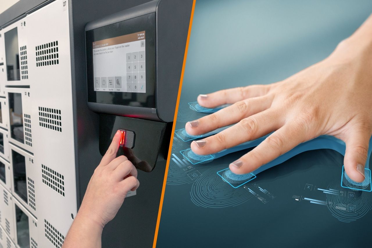 Traka fingerprint scanner and hand biometrics shown side-by-side to compare security options