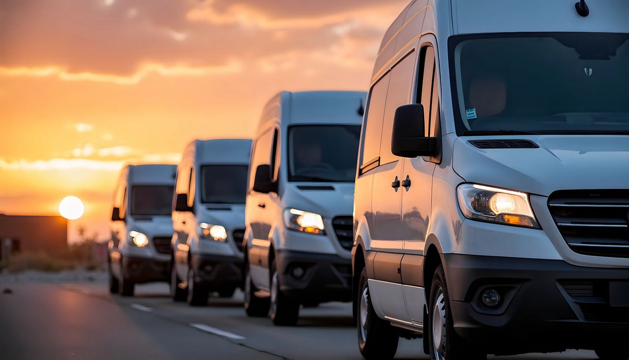 Fleet of white delivery vans driving at sunrise
