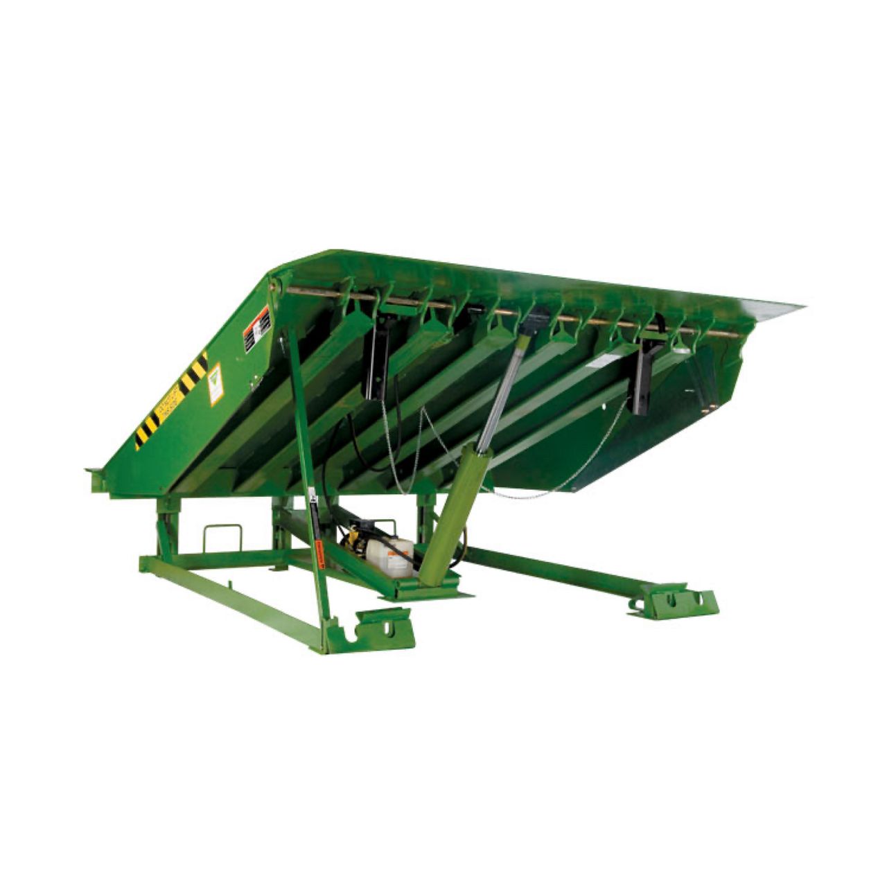 Side view of hydraulic-powered pit-style loading dock leveler.
