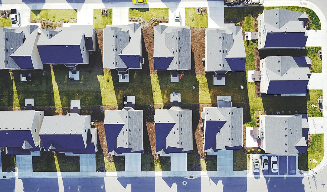 View of a neighborhood from the sky.