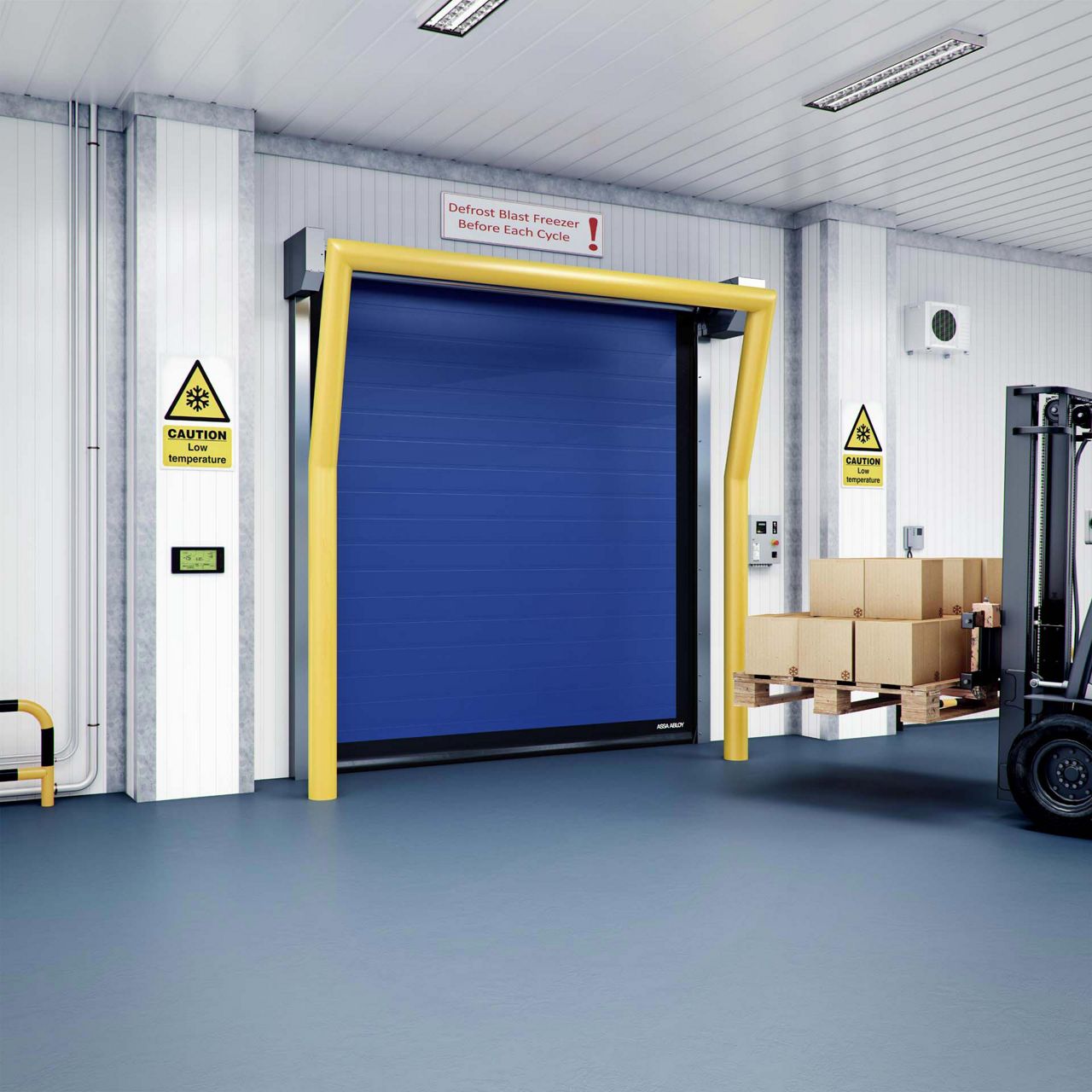Image: Een vriezerdeur in een magazijn met vriesruimte.