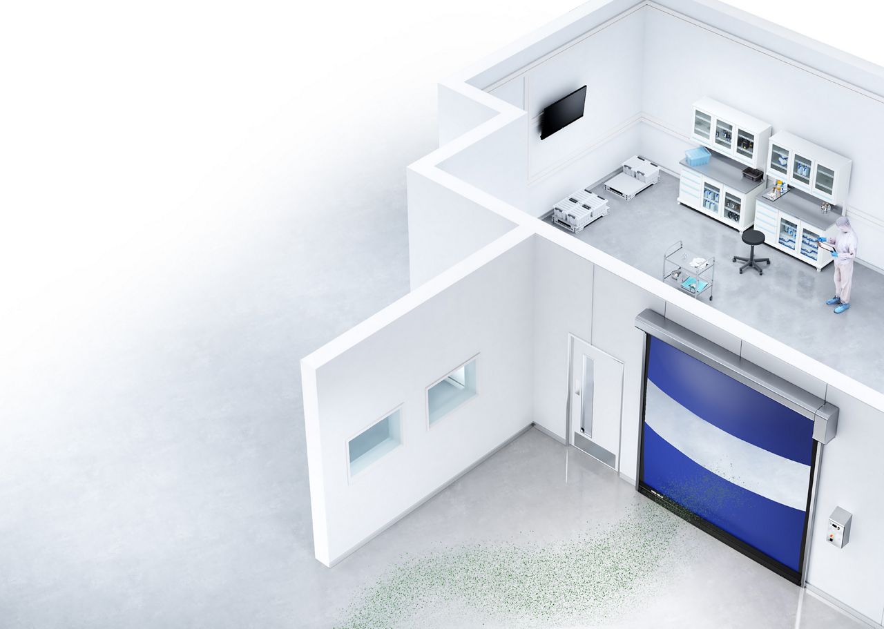 Bovenaanzicht van een cleanroom doorsnede. Een blauwe poort met een horizontaal venster scheidt twee ruimtes van elkaar