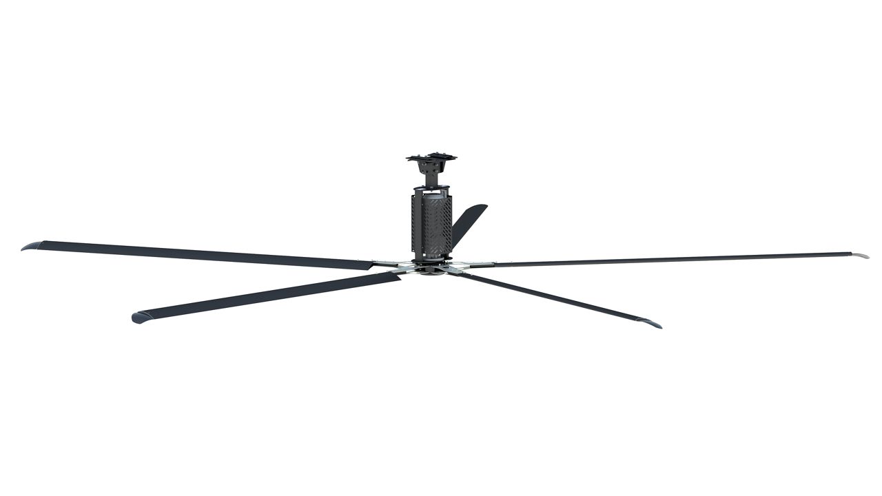 A black industrial fan on a white background.