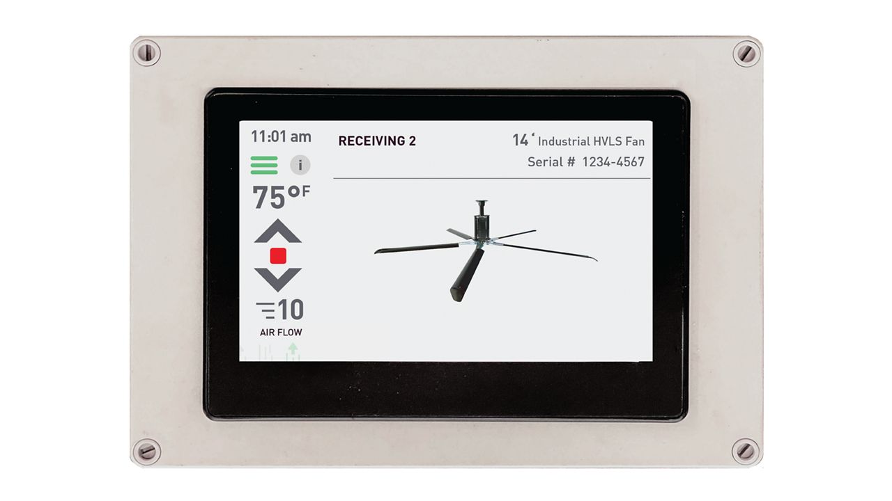 A light gray fan control system depicting a black fan, the time, the temperature and temperature settings, and the air flow level.