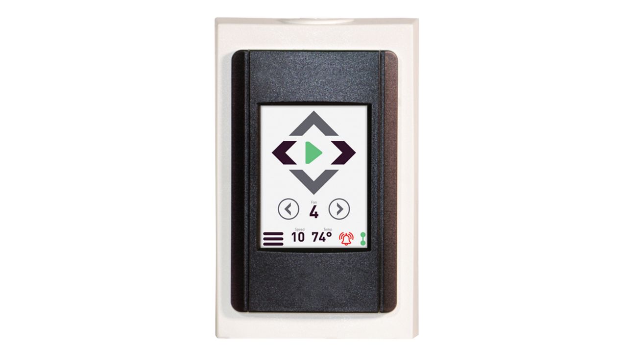 A control system for the control panel showing a green play button and information about temperature and air flow