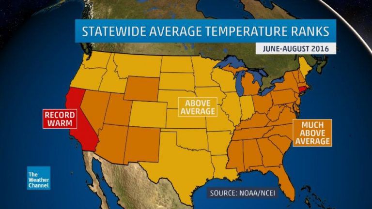 A heat map of the United States showing a severe heat warning in California