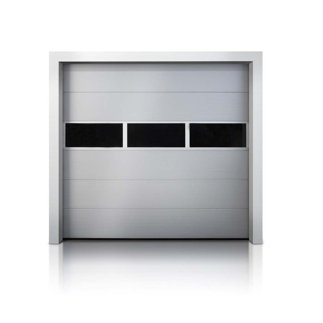 A grey panel door with windows. 