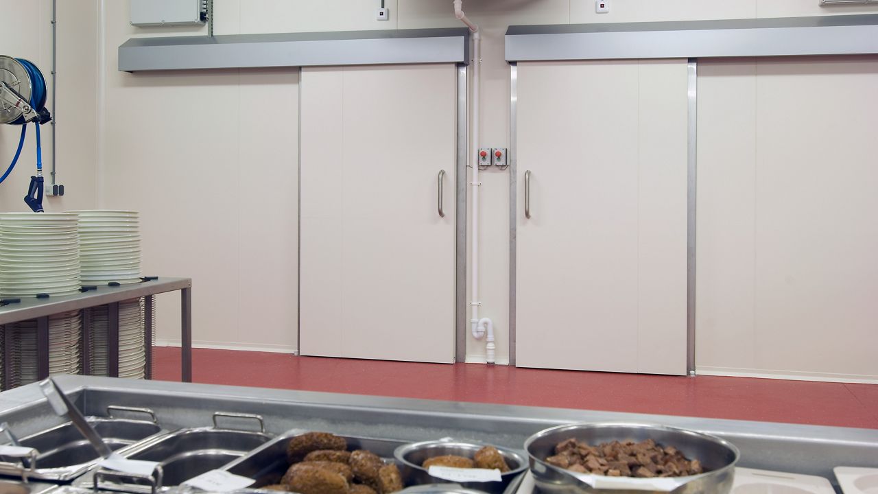 Image: sliding refrigerator door suitable for a food-safe environment.
