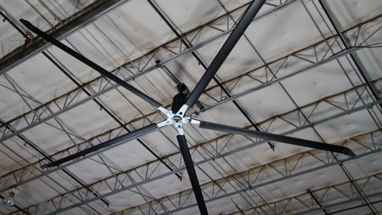 A fan with 5 black blades and a silver center hanging from a gray ceiling