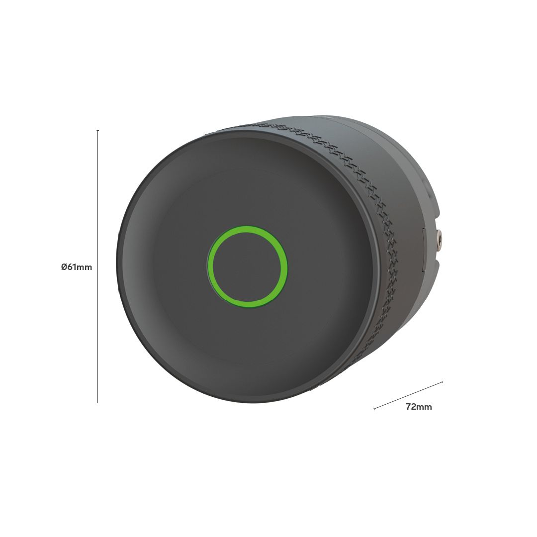 Image: A close-up of the Yale Linus Smart Lock L2 Lite Black, featuring a green LED ring on its face. The image also includes dimension indicators, showing the product's size as 61mm in diameter and 72mm in heigh