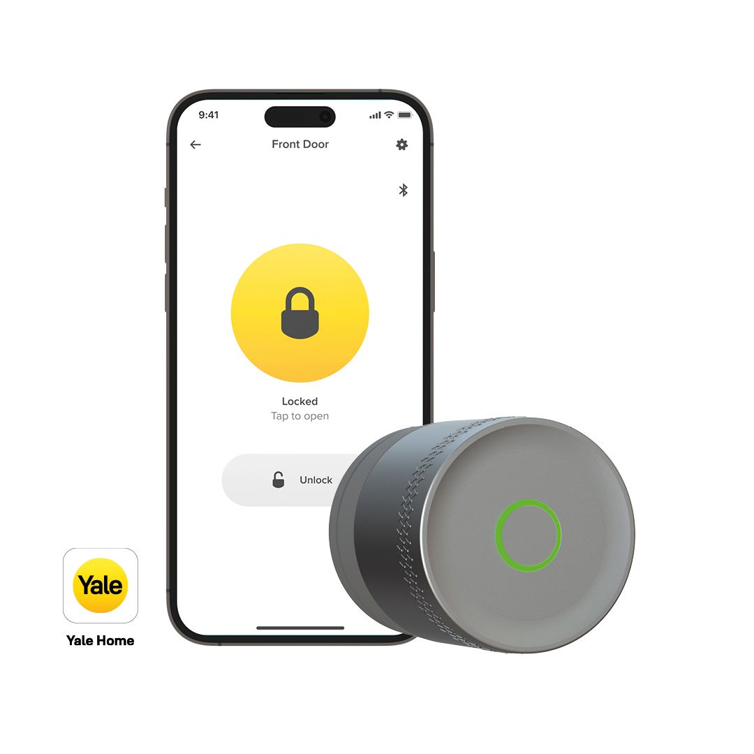 A silver, cylindirical Yale Linus Smart lock L2 Lite with a green LED ring on the front and a textured grip on the side. Text in the top left reads "Works with matter" with the Matter logo