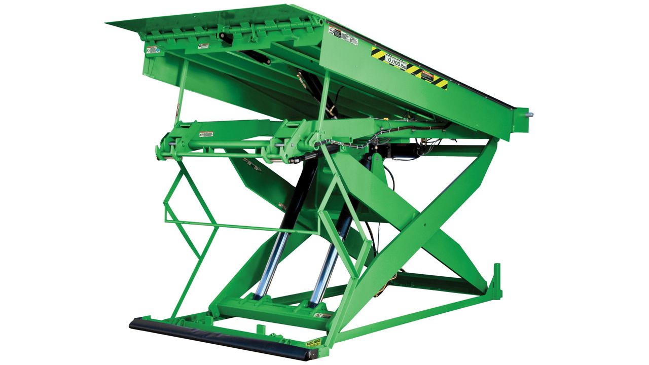 A hydraulic dock lift featuring a powered dock lip for faster cycling times, capable of handling up to 20,000 lbs, providing dock-to-grade level forklift access.