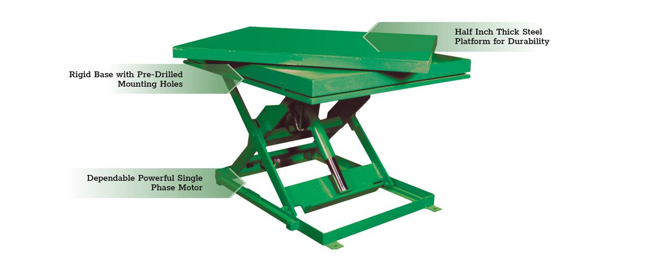 The KMT Series Turntable with green callout boxes highlighting key features.
