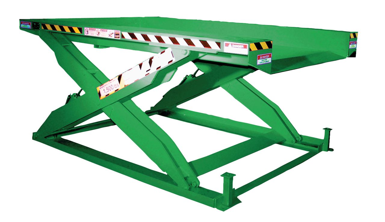 A zero lift table that lowers flat to ground level, facilitating easy loading of wheeled carts or pallet jacks, and is easily portable for use with various workstations.
