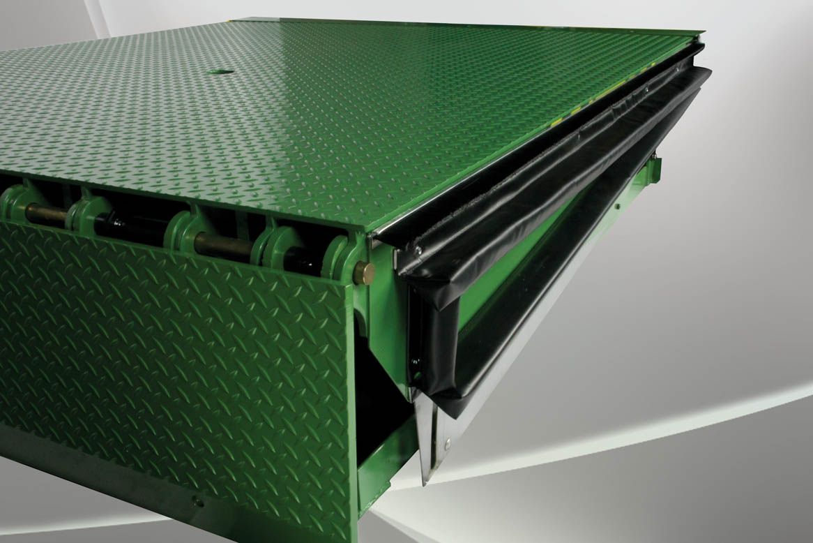 Front view of a green and black dock seal