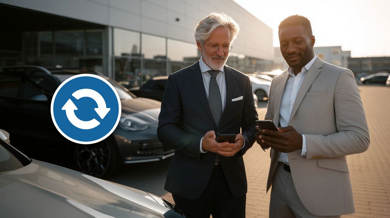 Two salesman transfering ownership of a vehicle key using the KEYper GO app
