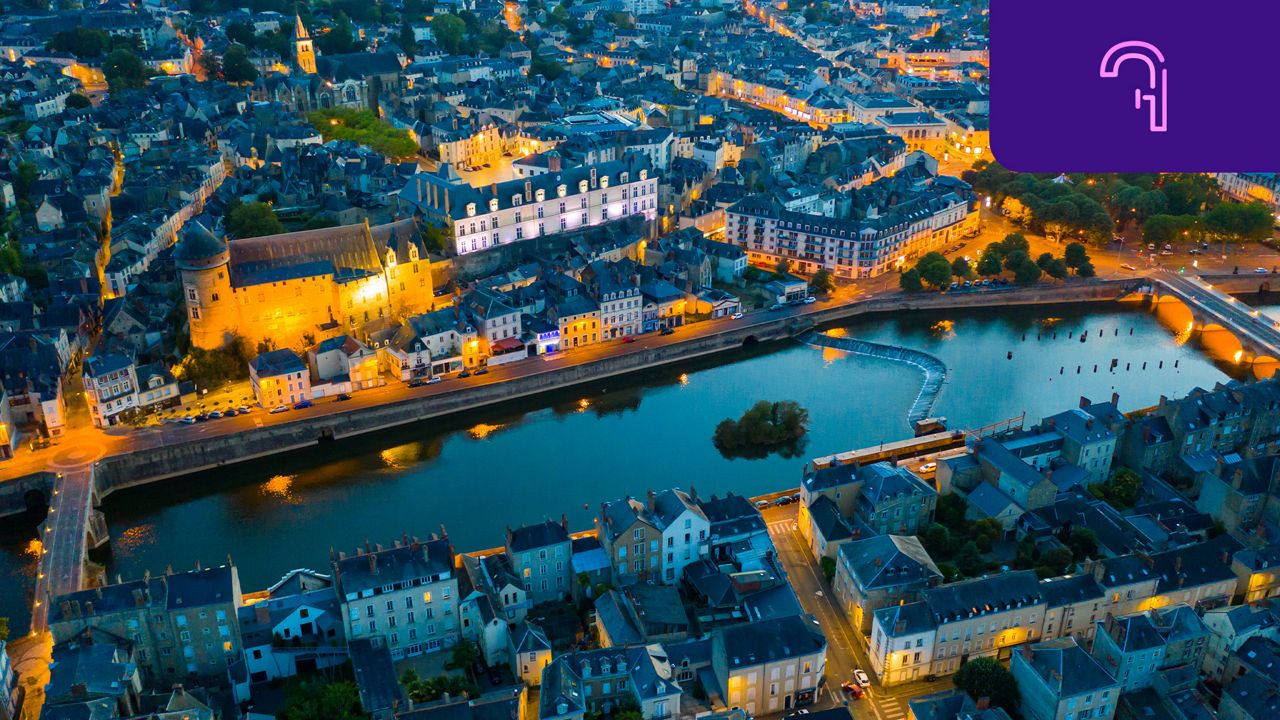 The city of Laval in the evening, photographed from the sky