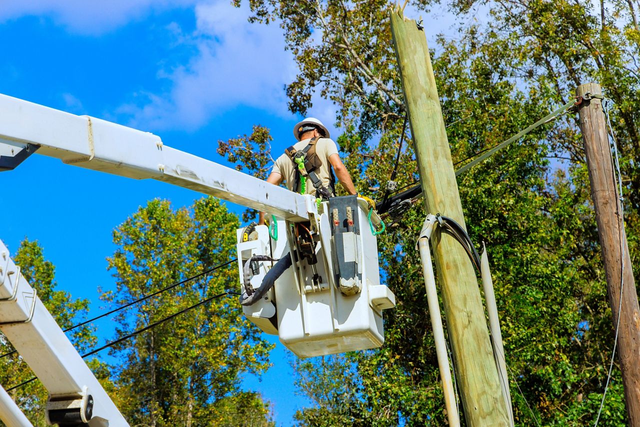 Linesman working on high-voltage power lines