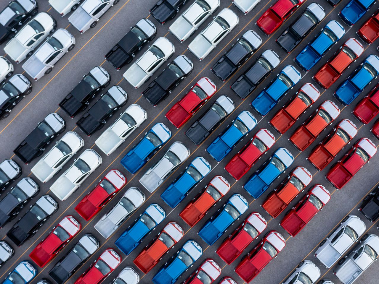 Aerial view to automotive dealership lot