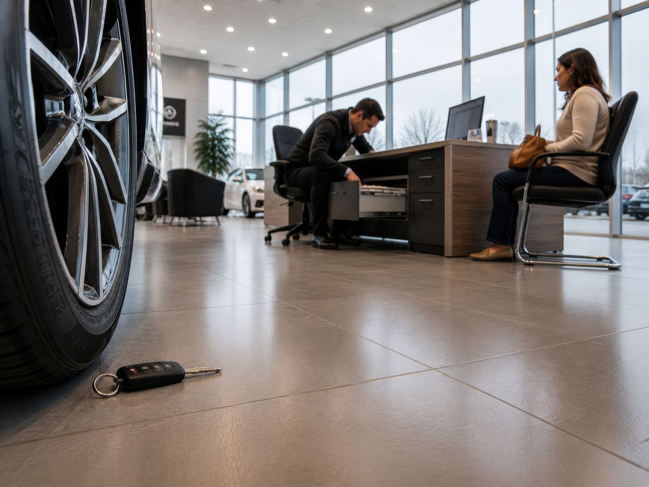 Car salesman searches for a lost key while a customer waits