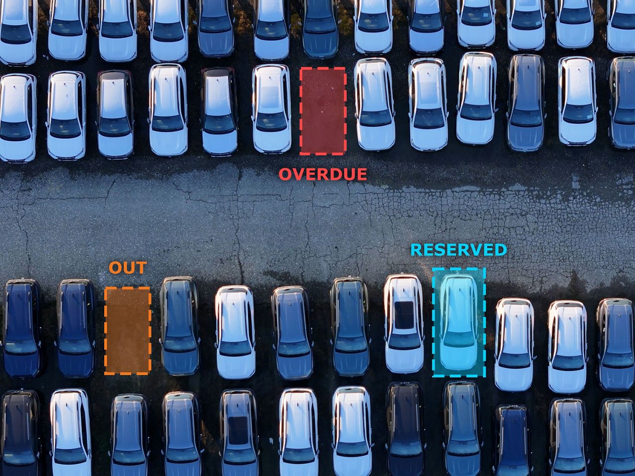 Rows of cars with a highlighted spot to say car is overdue, a highlighted spot to say car is out of the lot, one car lit up to say reserved