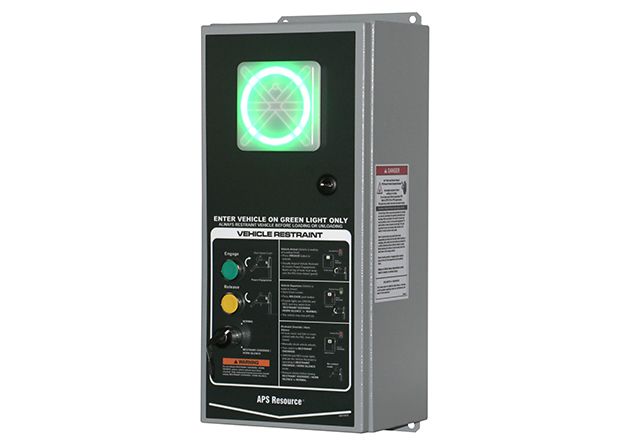 A black and grey restrain panel with a lit up green circle