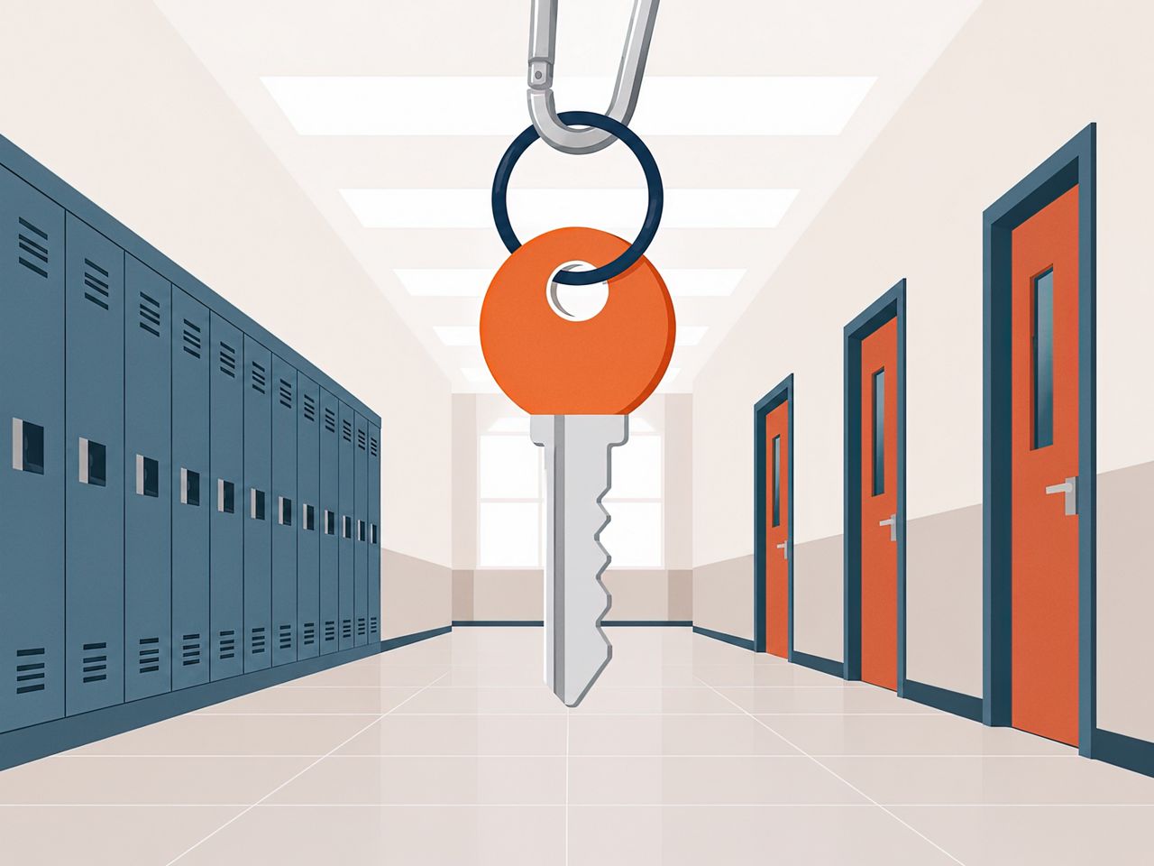 Illustration of a key hovering in a school corridor