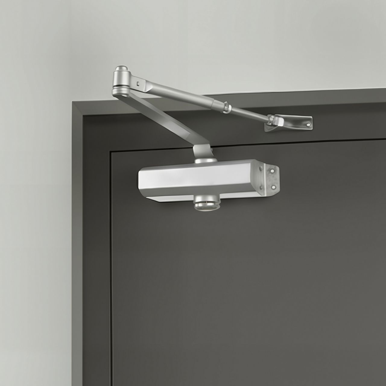 Overhead door closer installed on metal door