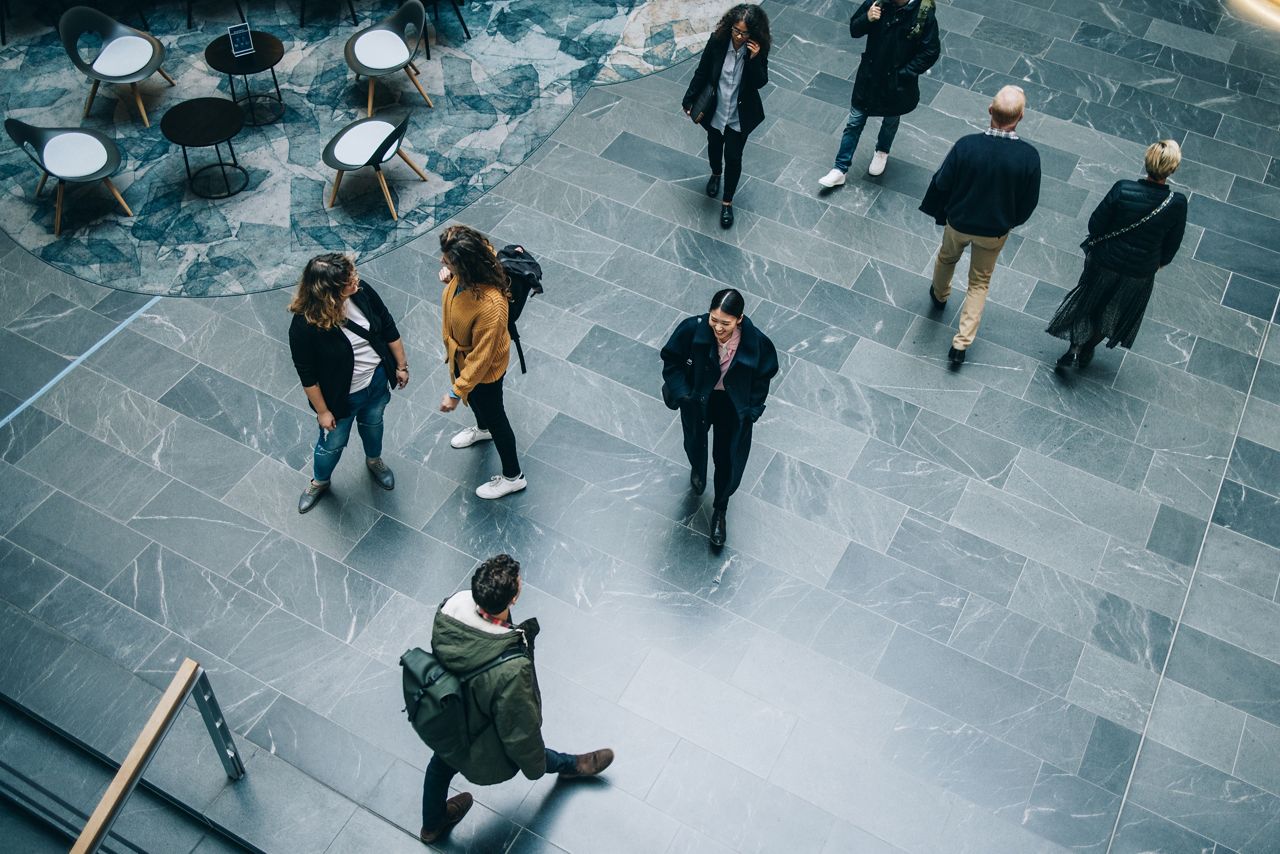 Overhead view of a municipal building lobby