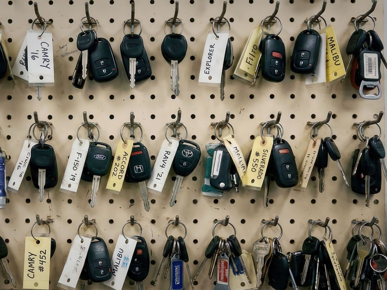 Car keys hanging on a Peg board