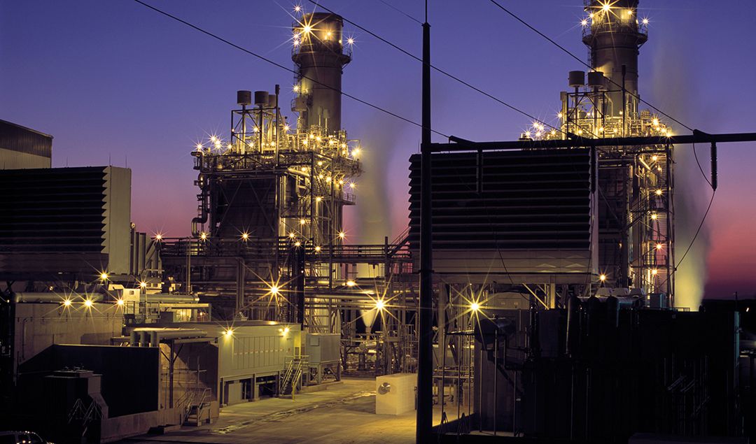 A petrochemical facility at dusk.
