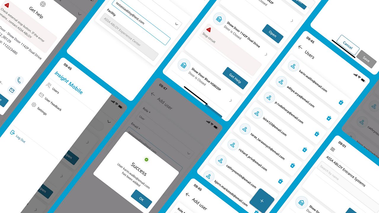 En mosaik af forskellige ASSA ABLOY Insight Mobile-appskærme, der viser forskellige brugergrænseflader og funktioner