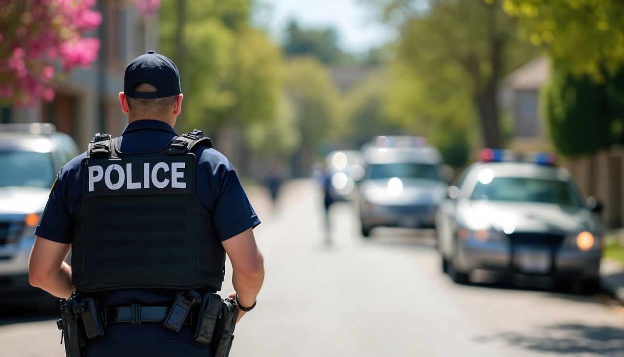 Police officer walking on suburban street