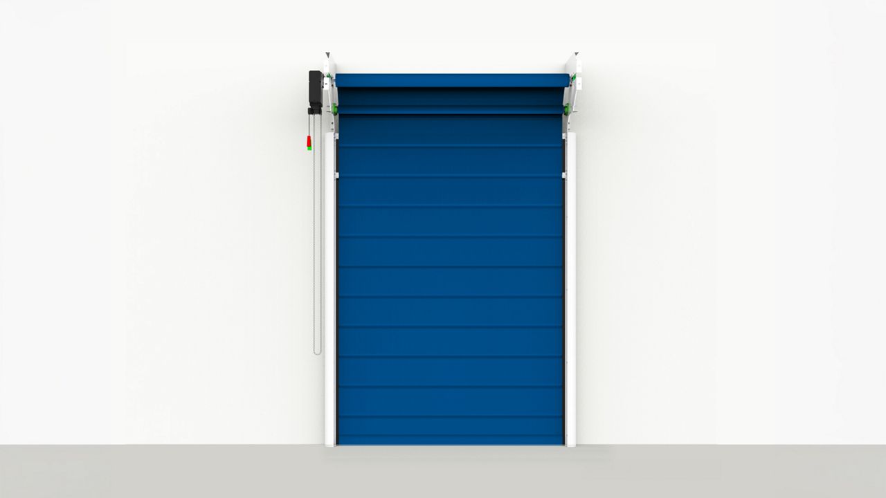 Porta Flexível Inovadoor 601D, azul com abertura vertical e visores retangulares transparentes
