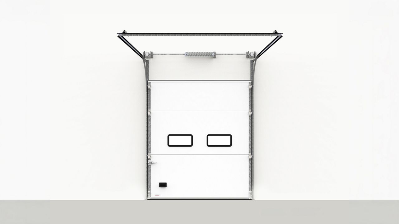 Porta Seccional Industrial Inovadoor Série 500, branca com porta de acesso integrada e painel seccionado isolado