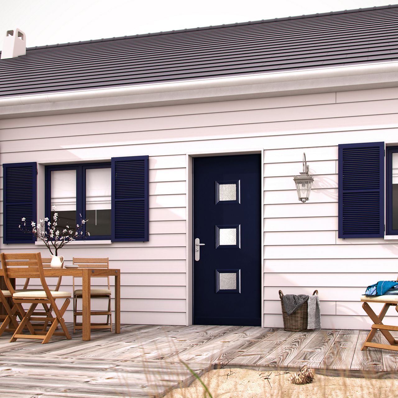 Porte blindée Fichet de maison modèle Forstyl+ S bleue avec des vitrages