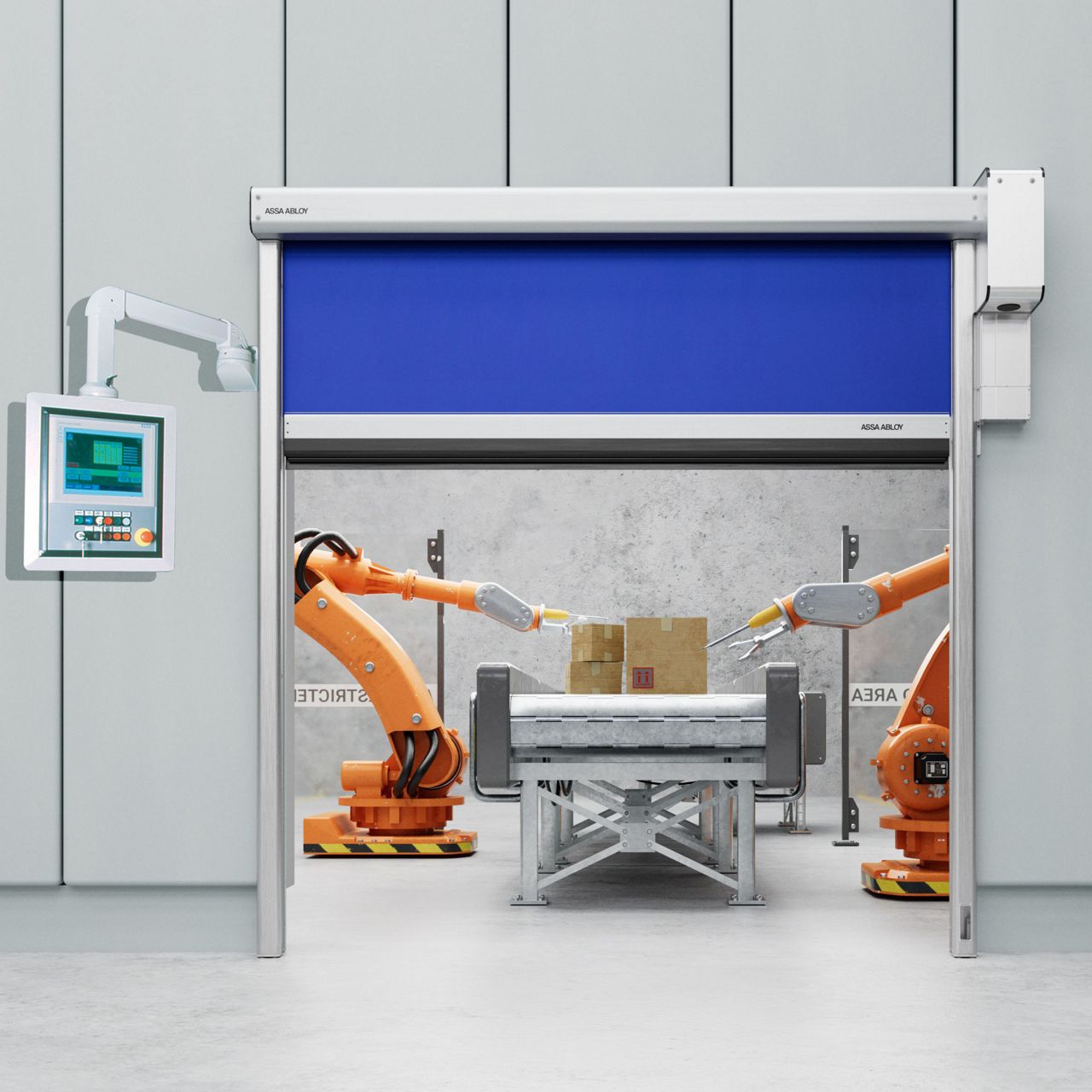 Porta di protezione macchine ASSA ABLOY RP400 blu aperta con macchine che lavorano dietro di essa