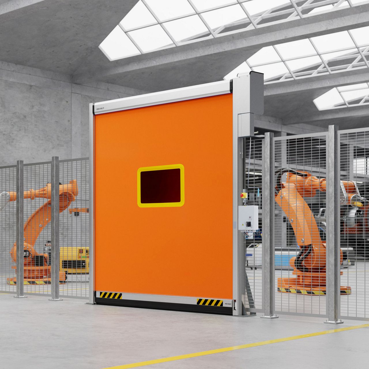 Porte de protection machine ASSA ABLOY RP400 orange fermée avec des machines travaillant derrière une clôture