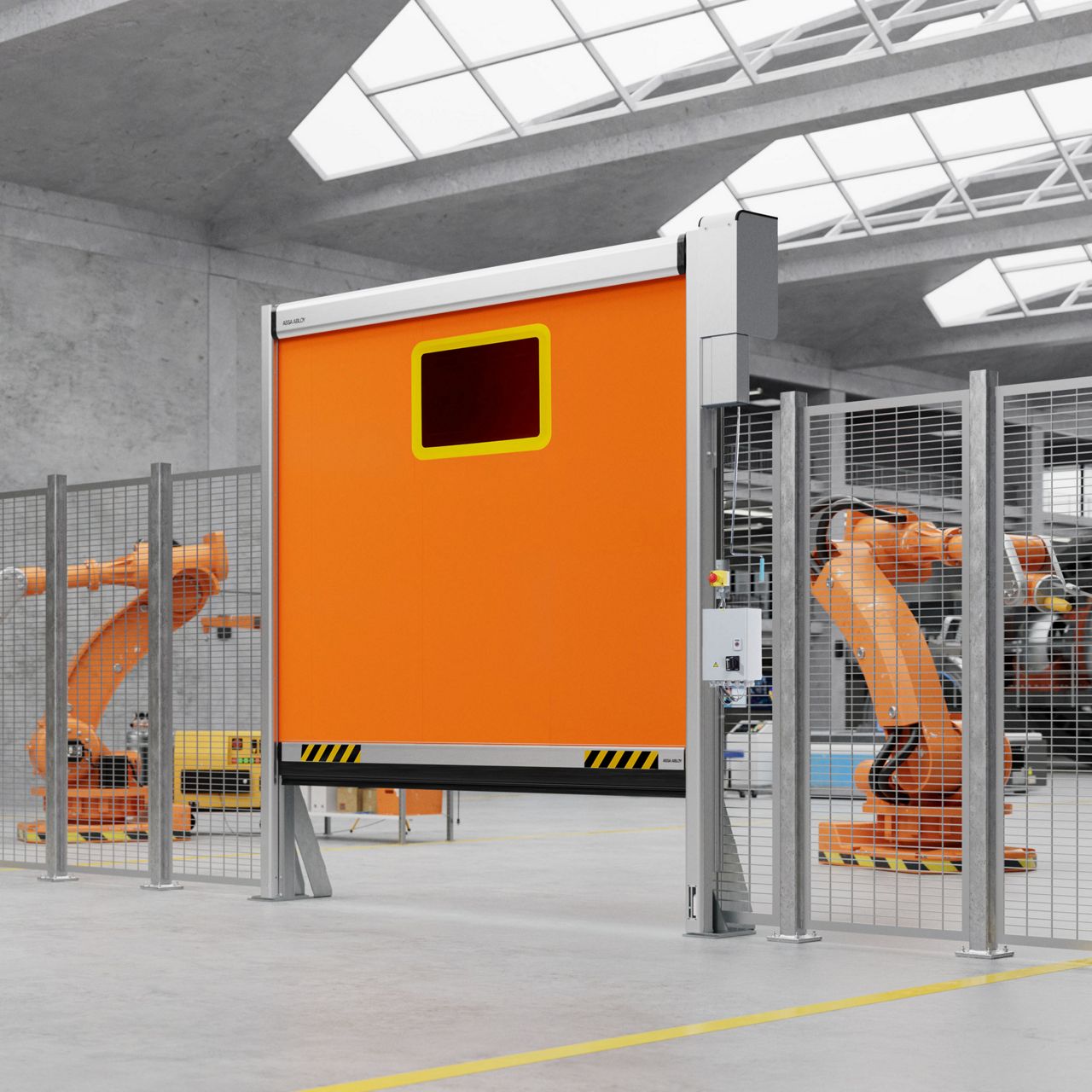 Porta di protezione macchine ASSA ABLOY RP400 arancione aperta con macchine che lavorano dietro una recinzione
