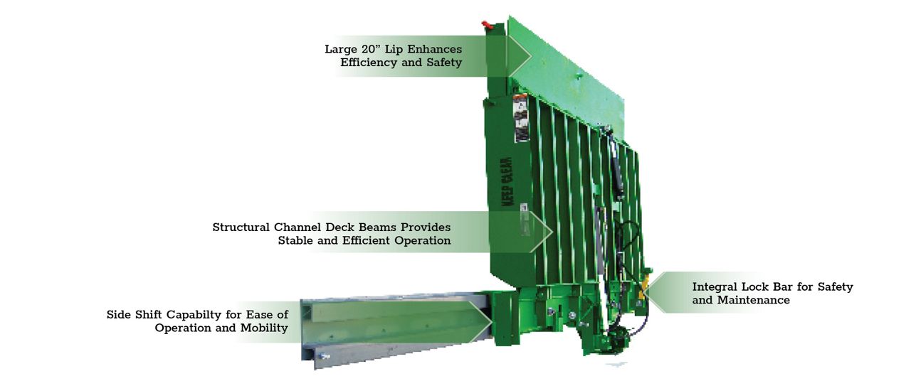 The Kelley Vertical HRL Hydraulic Rail Leveler with green callout boxes highlighting key features.
